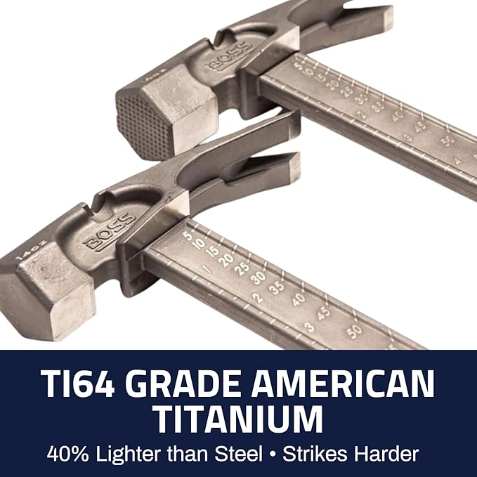 Boss Hammer 16 oz. Pro Series Titanium Hammer with Over-Molded No-Slip Rubber Grip - Construction Grade, Dual Side Nail Pullers, Smooth Face - Made in the USA - BH16TIS