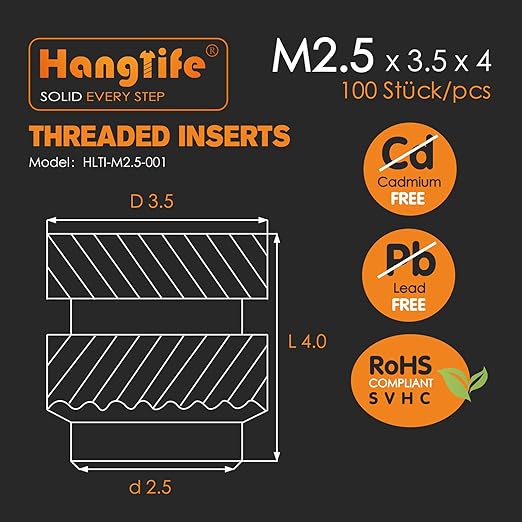 HANGLIFE Heat-Set Threaded Inserts, M2.5 Heat Set Insert for 3D Printing Components and Plastic Parts - Brass Metric Knurled Nuts (100 Pieces)
