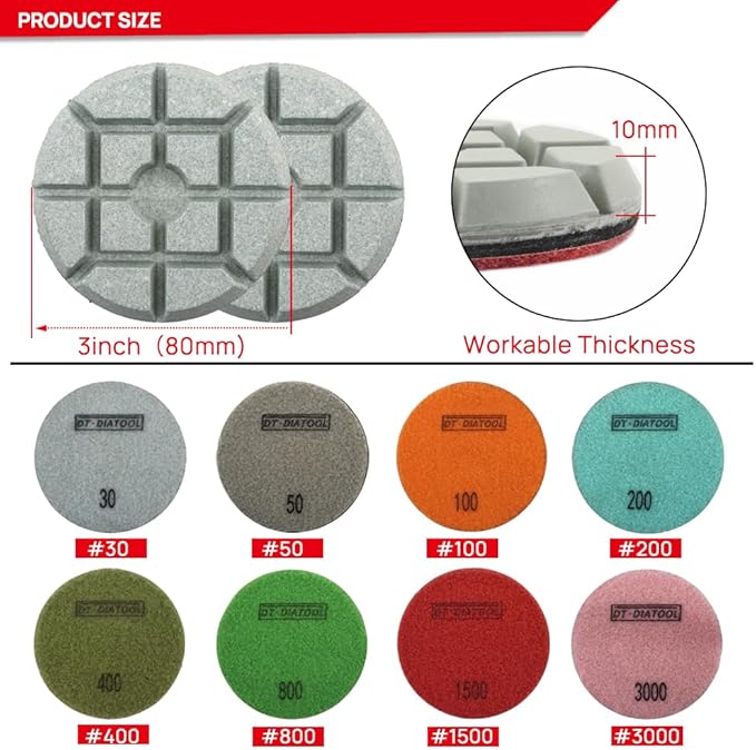 DT-DIATOOL Concrete Polishing Pads 3 inch/80mm for Concrete, Cement and Terrazzo Floors Processing, Repairing and Renovating, Dry or Wet Use Diamond Grinding Pads Grit 3000 3pcs