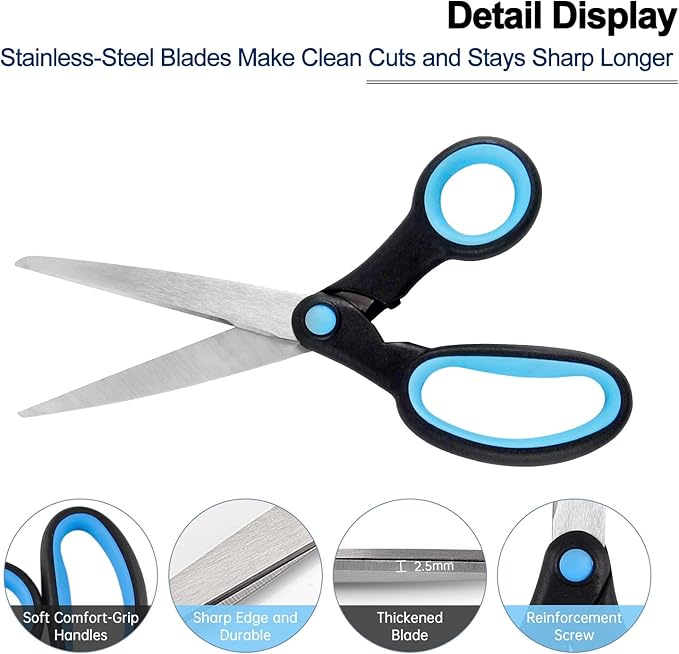 Left Handed Scissors for Adults, 8 Inch Lefty Scissors Bluk for Kids Student, All Purpose Sharp Blades Shears Set of 2 Pack, Great for Craft, Office, Sewing Fabric, Arts, School and Home, Black/Blue