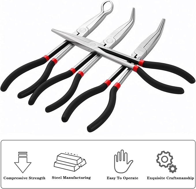 4 Pcs Extra Long Needle Nose Pliers Set, 11" Long Reach Pliers with Insulated Grip Handles - Straight Plier, 45/90 Degree Curved Pliers, O-shape Tip Needle Nose Plier, Spark Plug Removal Tool