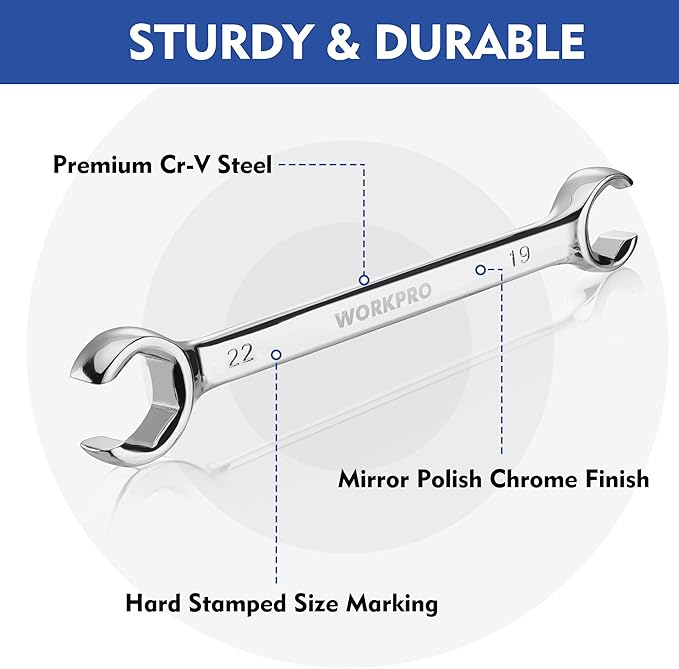 WORKPRO 4-Piece Flare Nut Wrench Set, Metric Brake Line Wrenches 10, 12, 13, 14, 15, 17, 19, 22mm, Cr-V Steel, 15째 Offset Head Tubing Wrench, Organizer Pouch Included