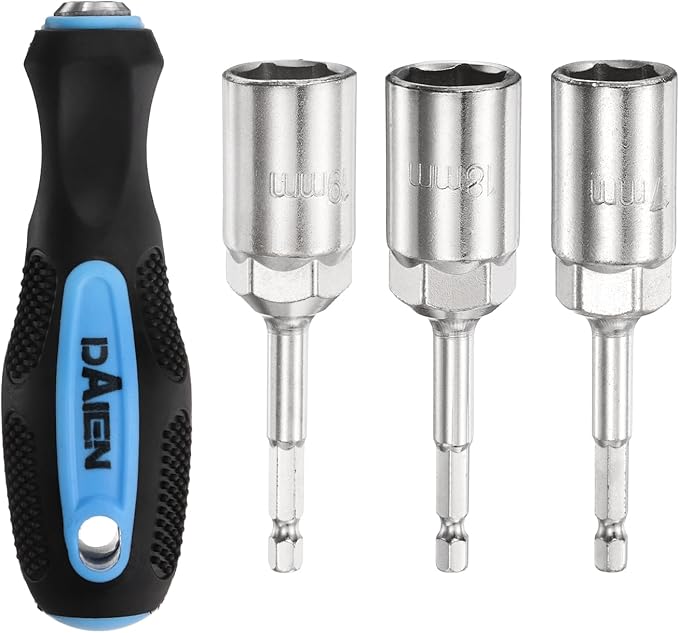 HARFINGTON Metric Nut Driver 17mm/18mm/19mm CR-V Non-Magnetic Detachable Tip Hollow Shafts Hex Socket Screwdriver with Anti-Slip Handle for Automobile Repair Bit Driver, Blue/Black