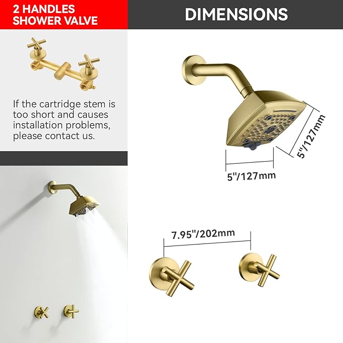 2 Handle Shower Faucet Set 6-Spray Shower Head and Handle Set Shower Trim Kit with Rough-in Valve Bathroom Shower Faucet Valve Trim Kit Brushed Gold