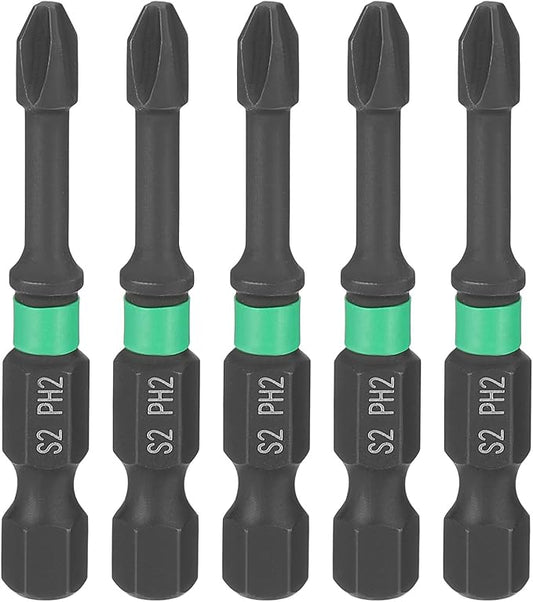 HARFINGTON 5pcs #2 Impact Phillips Screwdriver Bit PH2 1/4" Hex Shank 2" (50mm) Length 0.14" Rod Magnetic Cross Head Drill Bits S2 Steel Industrial Screw Drivers for Impact Power Tools