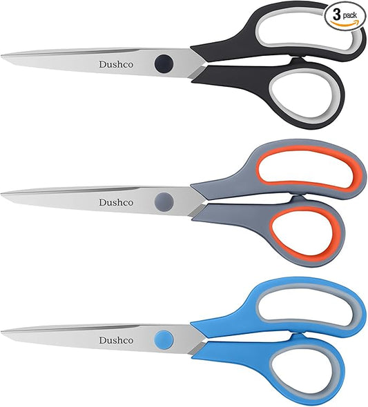 Scissors, Dushco 8.5 Inch Multipurpose Scissors Bulk Set of 3 Pack, Ultra Sharp 2.5mm Thick Scissor for Office Home School Sewing Fabric Craft Supplies, Soft Comfort-Grip Right/Left Hand