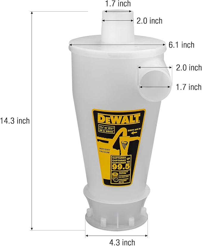DEWALT Dust Separator with 6 Gallon Poly Tank, 99.5% Efficiency Cyclone Dust Collector, High-Performance Cycle Powder Collector Filter, DXVCS002, Yellow