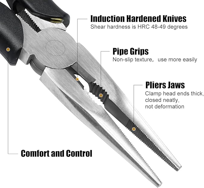 Premium Long Needle Nose Pliers-6''&8'', Paper Clamp Precision, High Carbon Steel, Soft Grip with Wire Cutter, Long Nose Cutting Pliers for Home, Fishing, Jewelry, Crafts,2pcs