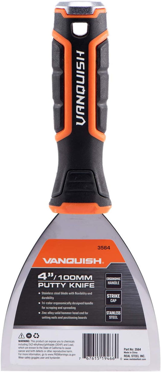 VANQUISH 4 Inch Stainless Steel Putty Knife Scraper with Soft Grip Handle and Metal Hammer End (3564)