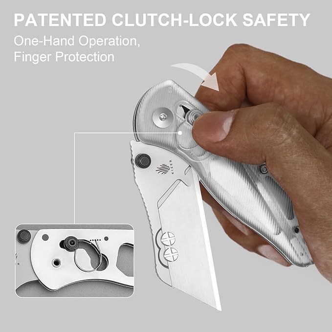 Kizer Uti Bear(New Dual-screw Version) Folding Utility Knife, Clutch Lock Box Cutter EDC Pocket knife with 5PCS Razor Blades, Pocket Knives with Pocket Clip for Men Women V3619JA5