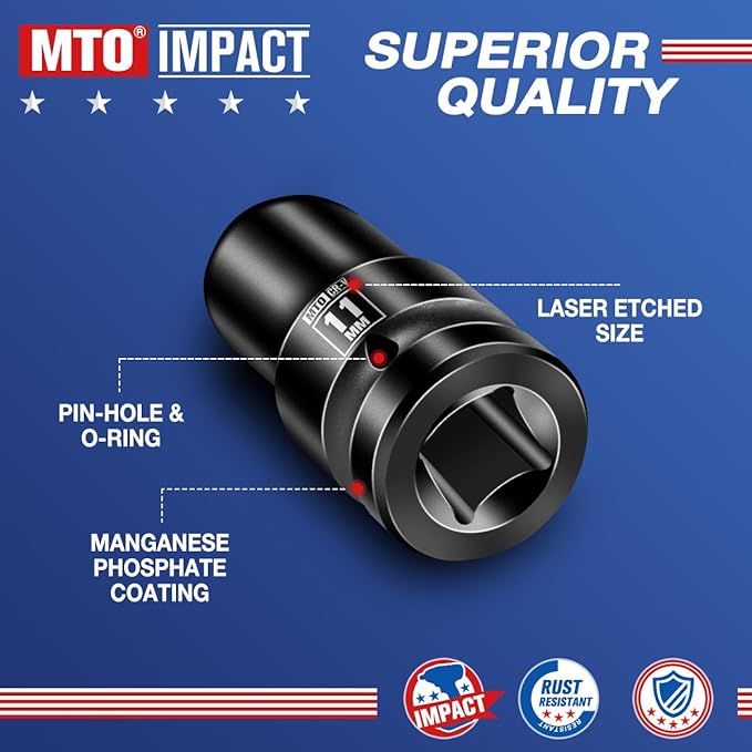 MTO 1/2" Drive 11mm Shallow Impact Socket, 6-Point Metric Socket for Automotive Maintaince, CR-V Steel Meets ANSI Standards