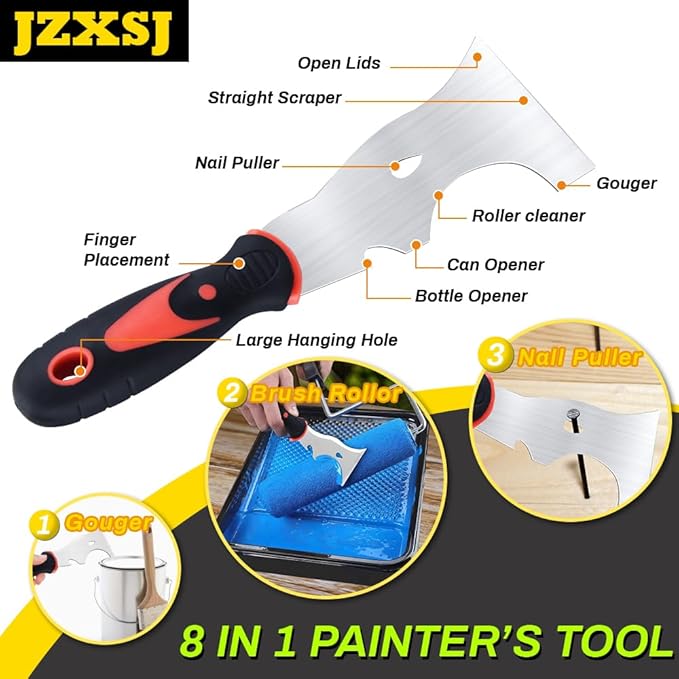 Drywall Knife Set, 8 Pieces Stainless Steel Drywall Hand Tool Kit Includes Taping Knife, Putty Knives, Finishing Trowel, Paint Scraper, Yellow handbag