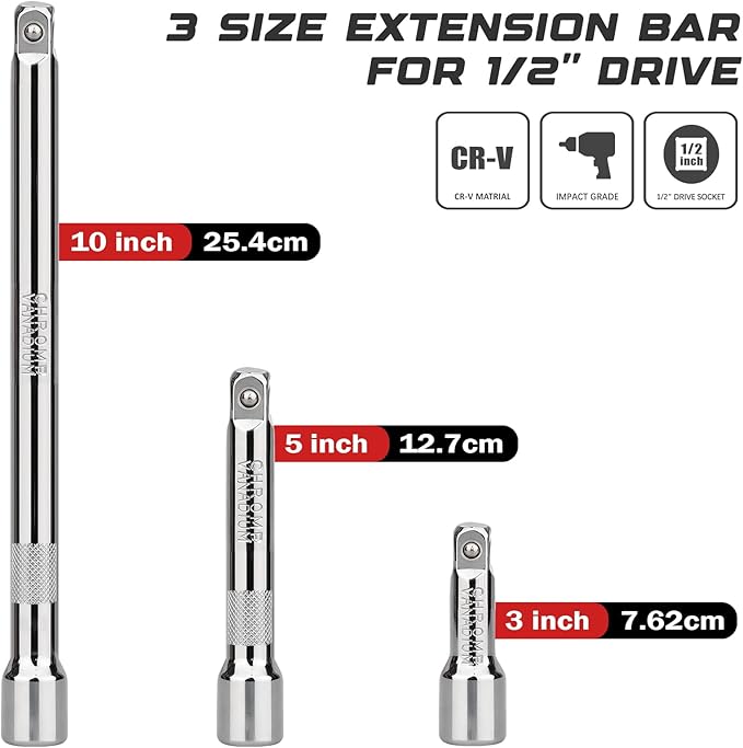 1/2 Inch Drive Socket Extension Bar Set?밒ncludes 3", 5", 10" Chrome Vanadium Steel Extensions with Silver Mirror Finish for Ratchet Drive, Automotive and Home Tool Use,3PC