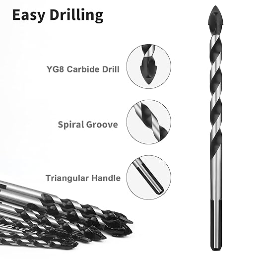 HPHOPE Masonry Drill Bit Set, 10 Piece Concrete Drill Bit Set for Tile, Glass, Ceramic, Brick ??1/8 to 1/2 Inch Triangle Shank, Tungsten Carbide Tips