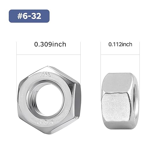 300 Pack #6-32 Hex Nuts, Stainless Steel 304 (18-8) Hex Nut, #6 Nut Standard Inch Coarse Thread Hex Machine Screw Nuts