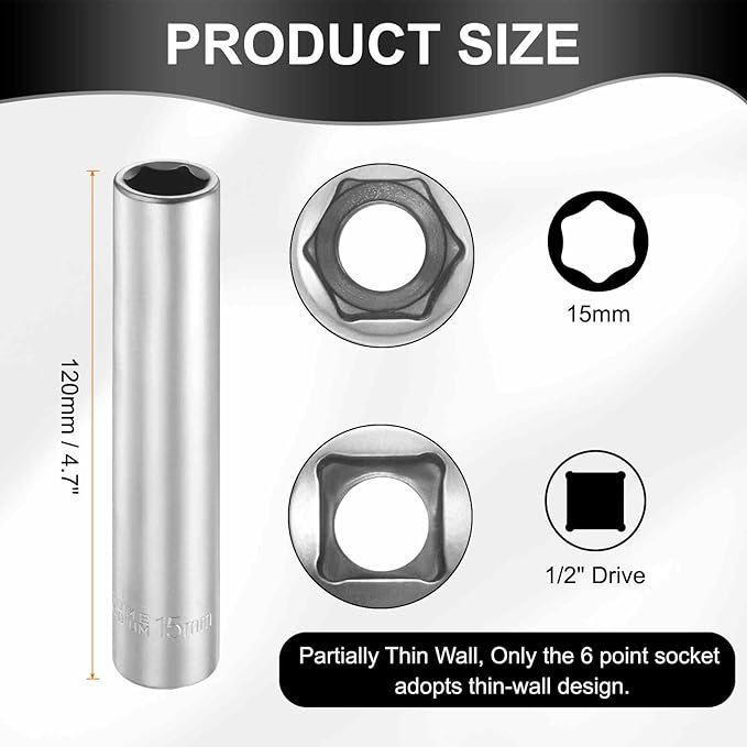 HARFINGTON 2pcs 6 Points Deep Socket 1/2" Drive 15mm Deep Metric CR-V Steel Polished Nickel Plating Flip Sleeve 120mm / 4.7" Extra Long Socket Tool for Home Auto Nuts Bolts Repair