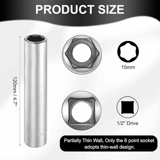 HARFINGTON 2pcs 6 Points Deep Socket 1/2" Drive 15mm Deep Metric CR-V Steel Polished Nickel Plating Flip Sleeve 120mm / 4.7" Extra Long Socket Tool for Home Auto Nuts Bolts Repair