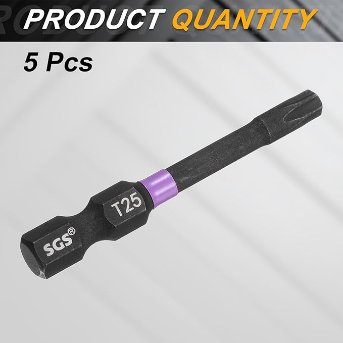 HARFINGTON 5pcs T25 Torx Head Impact Screwdriver Bits 1/4" Hex Shank 2" (50mm) Long Magnetic No Hole Tamper Proof 6 Point Star Screw Driver Drill Bits Phosphate S2 Steel Power Tools