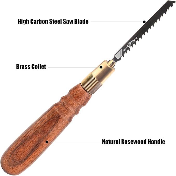 TOOLCOOL Wooden Handle Mini Hand Saw Small Jig Saw With 5 Pcs Fine Coarse Teeth Jigsaw Blades Woodworking Tools for Wood Cutting and Tree Branch Trimming (Round Handle)