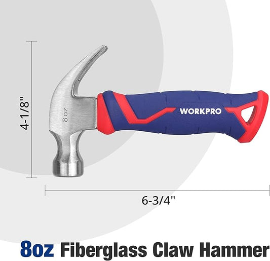 WORKPRO 8 oz Claw Hammer with Fiberglass Handle, All Purpose Hammer with Forged Hardened Steel Head