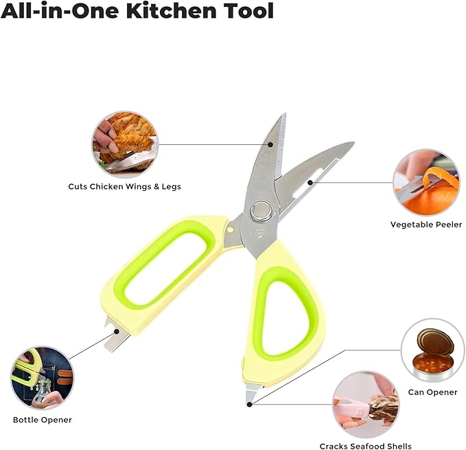 Zuutii Magnetic Kitchen Scissors, Heavy Duty Multi-Purpose Cooking Shears - Dishwasher Safe, Comfort Grip with Safety Lock Food Scissors for Chicken Bones, Herbs, Poultry, Vegetables,Yellow&Green
