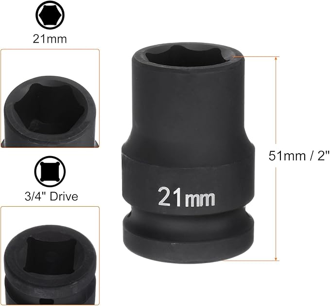 HARFINGTON 6-Point Impact Socket 3/4" Drive 21mm Metric 40Cr Alloy Steel Spindle Axle Nut Impact Socket
