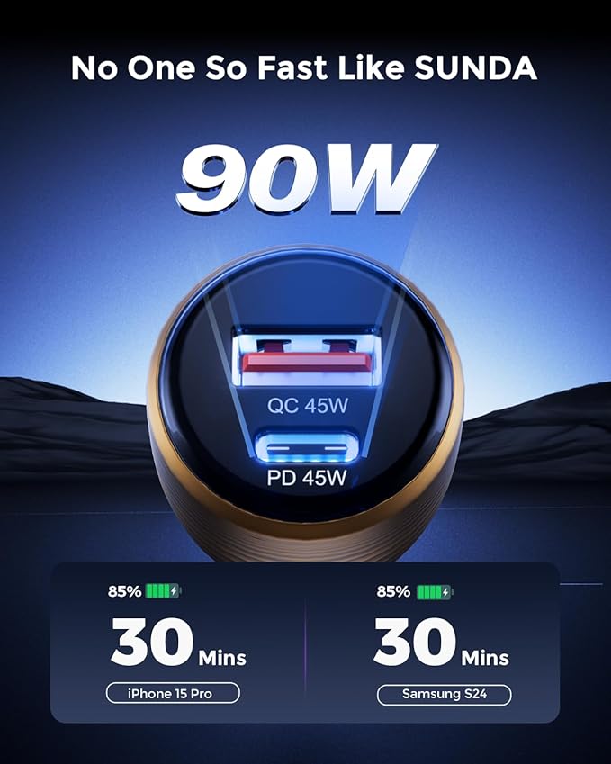 SUNDA 90W USB C Fast Car Charger, 2-Port Car Adapter, PD45W/QC45W QC 3.0 Phone Charger for iPhone 17/16 Pro/Max/iPhone 15/Laptop/Galaxy/Samsung S25/S24 (Gold)
