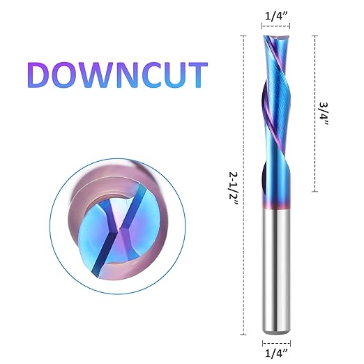 HQMaster Spiral Router Bit Downcut 1/4 Inch Shank Solid Carbide CNC Router Bit with Nano Blue Coating CNC Bits End Mill for Woodwork Mortise Slot Trim, 5 Pack