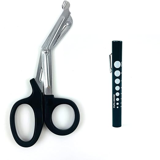 Diagnostics Kit - Percussion Taylor Reflex Hammer + C 128 & C 512 Tuning Forks + Bandage Scissors + Pupil Gauge Pen Light + Buck Hammer + Pin Wheel in Carrying Case - 8 Pieces Set - Full Black