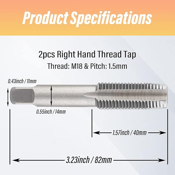 Qjaiune 2pcs M18x1.5 Tap, M18 Metric Thread Tap Right Hand Thread Tapping Tool, HSS Thread Milling Taps (M18 x 1.5, Taper & Plug Tap)