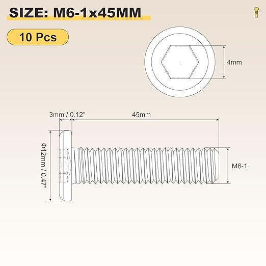 METALLIXITY Flat Head Hex Socket Cap Screws Bolts(M6-1x45) 10Pcs, Steel Hex Socket Furniture Bolts Screws - for Furniture Woodworking Project, Yellow