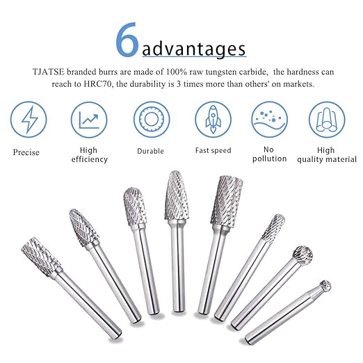TJATSE Professional 8-Piece Double Cut Carbide Rotary Burr Set 1/4" Shank with Tool Carry Case, for Die Grinder Drill, Metal Wood Carving, Engraving, Polishing, Drilling