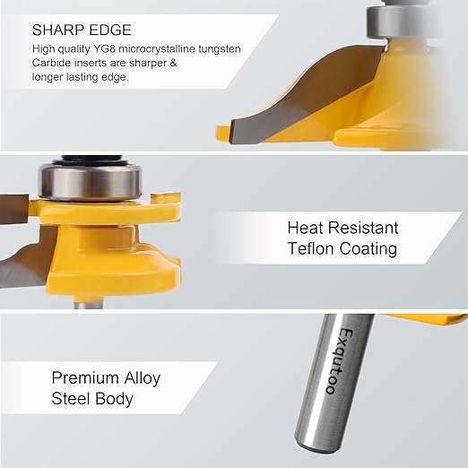 Exqutoo 3PCS 1/2" Shank Router Bit Set, Raised Panel Cabinet Door Making Router Bits, Cemented Carbide Router Bits, Woodworking Tools Router Door & Window Bits (Tenon Joint Cutter Diameter: 1-3/4")