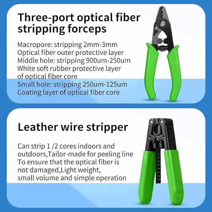 6-in-1 Fiber optic tool kit with high-precision A-6C Optical Fiber Cleaver and Multi functional three port Fiber optic stripping pliers, well as 10pcs SCUPC Fiber optic quick connector