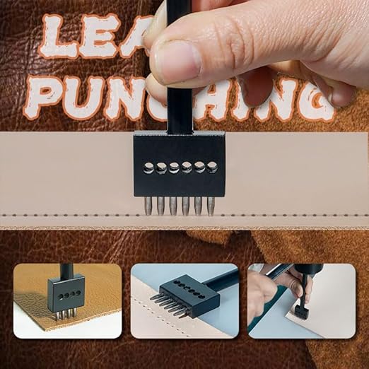 Leather Round Hole Punching Tool 3pcs Prong Punch Tool Set with 2/4/6 Prong Options for Precise Round Hole Punching DIY Leather Craft (4MM)