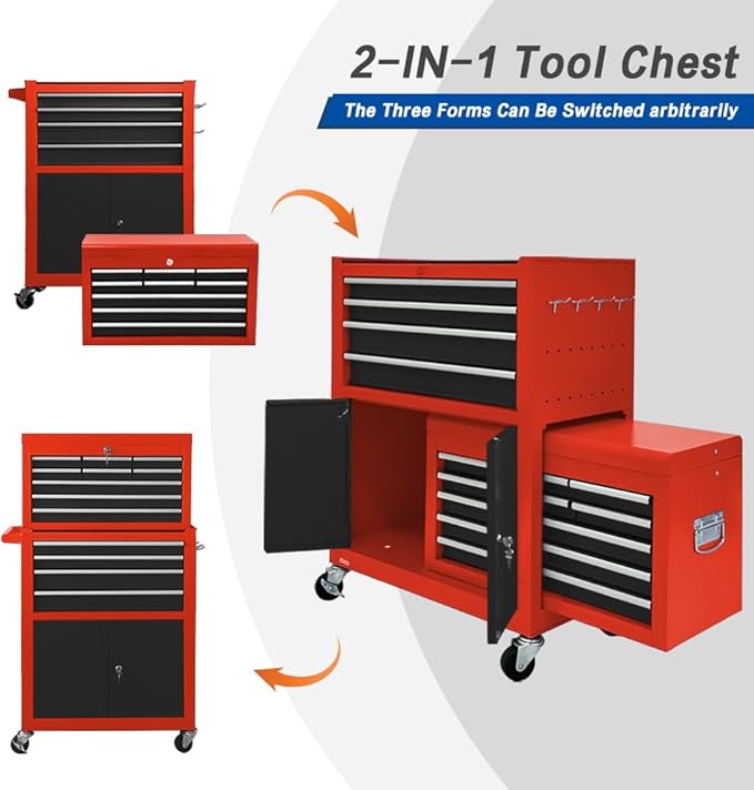 13-Drawer Tool Chest with Double Door and wheels, Large Detachable Toolbox with Sliding Drawers, Mechanic Tool Box Storage Cabinets, Metal Tool Cart for Garage Workshop (RED＆BLACK)