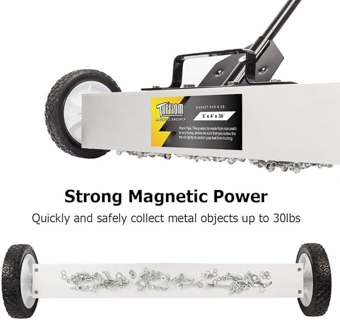 TUFFIOM 36-Inch Rolling Magnetic Pick-Up Sweeper | 55-LBS Capacity, with Quick Release Latch & Adjustable Long Handle, for Nails Needles Screws Collection
