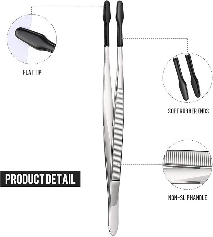 Honoson 2 Pieces Rubber Tipped Tweezers PVC Rubber Coated Soft Non Marring Flat Tip Lab Industrial Hobby Craft Tweezers Tools Jewelry Coin Stamp Tongs(Black)