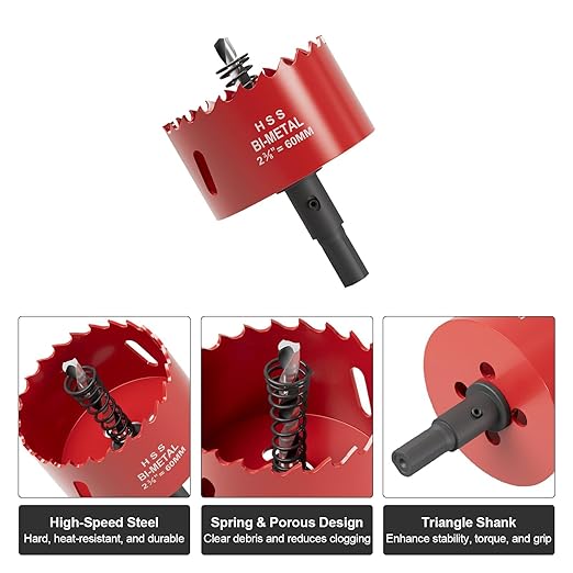 2-3/8" (60mm) Bi-Metal M42 High Speed Steel Hole Saw with Pilot Drill Bit, Smooth Cutting Edge for PVC, Drywall, Wood, Plastic, Gypsum Board, Rubber, Thin Metal
