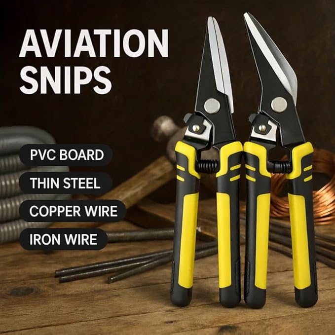 Aviation Tin Snips Set, 2-Piece 8 Inch Straight Cut & Left Cut Aviation Shears, Heavy Duty Metal Shears with Safety Lock for Sheet Metal, Thin Steel, Carpet and Packaging Belt Shearing