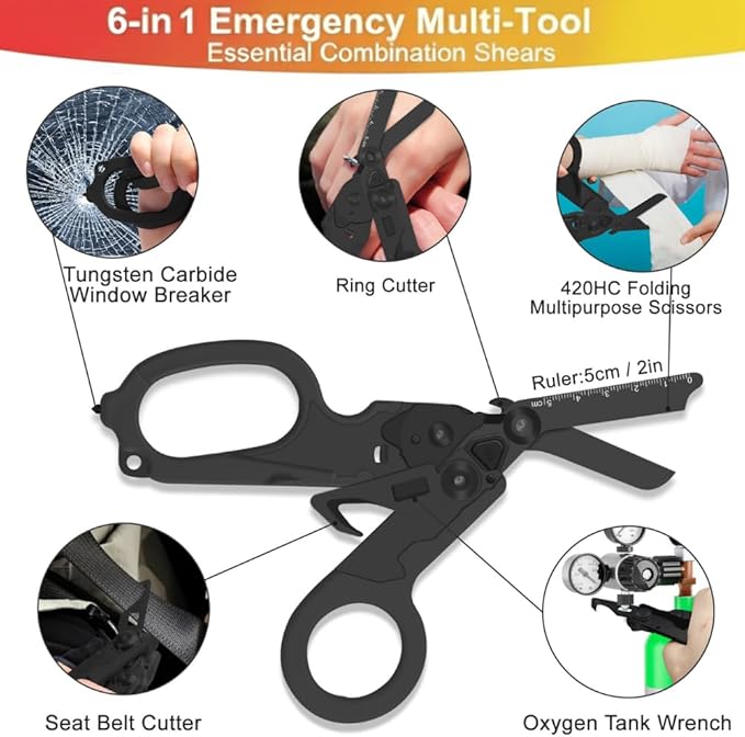 Pro 6-in-1 Foldable Trauma Shears with Strap Cutter, Stainless Steel Medical Scissors for Nurses, Raptor Trauma Shears Holster with Glass Breaker, Surgical EMT Scissors for Nursing Students & Doctors