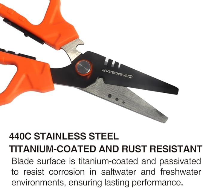 BasicGear Fishing Multi-Tool Scissors ??Titanium-Coated, Stainless Steel, Multi-Tool Cutter with Hook Adjuster, Screwdriver, Bottle Opener, Sheath & Non-Slip Grip for Saltwater or Freshwater Use
