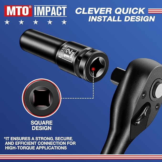 MTO 1/2" Drive 12mm Deep Impact Socket, 6 Pt. Metric Socket, CR-MO Steel & Anti-Corrosion Coating for Heavy-Duty Use