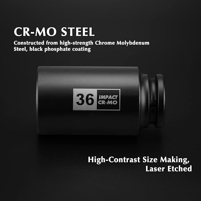 EMENTOL 8PCS 1/2" Drive Deep Spindle Axle Nut Impact Socket Set, CR-MO, 12 Point, Metric, Deep Socket Impact Socket Set-29,30 32, 34, 35, 36, 38, 39mm