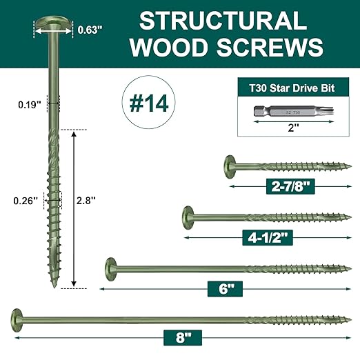 #14 Heavy-Duty Wood Screws, Star Drive Deck Screws, Rust Resistant Timber Screws for Timber/Log/Landscaping Wood (8 Inch,100Pcs,Green)