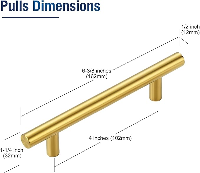 JOY DECOR 25 Pack 6-3/8 Inch Cabinet Pulls Kitchen Cabinet Handles with 4 Inch Hole Center Brushed Brass Cabinet Hardware Stainless Steel Kitchen Drawer Pulls for Cabinets Cupboard, 102mm Hole Centers