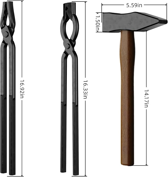 3PCS Blacksmith Tools with Blacksmith Tongs and Blacksmith Hammer, Wolf Jaw, V-Bit Bolt with A3 Steel Rivets, and Assembled Blacksmithing Tongs for Forging Tools and Equipment