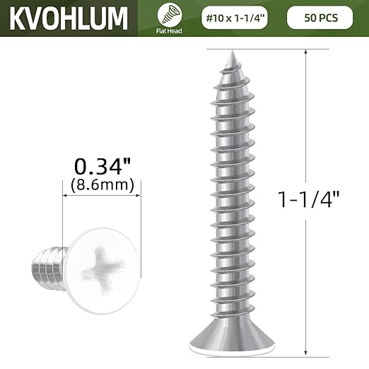#10 x 1-1/4" White Head Sheet Metal Screws, 50 PCS Flat Head Phillips Fast Self Tapping Screws, Countersunk Head Wood Screws, Carbon Steel, Screwdriver Bit Included