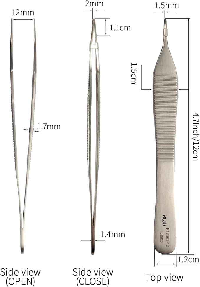 RWD ADSON Dressing Forceps 4.7", 1.5mm Width Serrated Straight Tip, Martensitic Stainless Steel Micro Forceps Tweezer, Surgical Tweezer for High-Precision Handling (F12003-12)(Optimized of F12032-11)