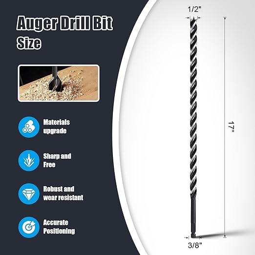 1/2" x 17" Auger Drill Bit for Wood, Hex Shank Tri Flute Ship Auger Long Drill Bit for Soft and Hard Wood,Tree Stump,Plastic,Drywall and Composite Materials